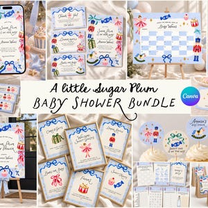 Puede incluir: Un conjunto para baby shower con temática Sugar Plum que incluye ilustraciones de cascanueces, bailarinas, caballitos de madera y tambores. El set contiene invitaciones, carteles, etiquetas, juegos y tarjetas en azul, rojo y blanco festivos.