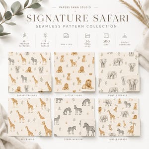 May include: A digital download collection titled Signature Safari Seamless Pattern Collection by Papers Fawn Studio. It includes 6 premium patterns, 3 repeat scales, 36 total files in PNG and JPG formats at 300 DPI, featuring watercolour illustrations of giraffes, lions, elephants, zebras, and monkeys.