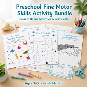 May include: A Preschool Fine Motor Skills Activity Bundle printable PDF featuring worksheets with sea creature themes, including cutting practice, pencil control, and matching exercises, accompanied by a certificate, colored pencils, and scissors.