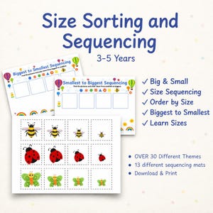 Pode incluir: Folhas de atividades educativas para classificação e sequenciação de tamanhos para crianças de 3 a 5 anos. Inclui dois tapetes de sequenciação rotulados Biggest to Smallest e Smallest to Biggest, além de uma folha com gráficos de abelhas, joaninhas e borboletas.