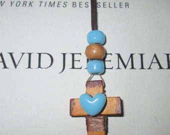 Bible Book Mark Wood Cross Heart Book Mark Leather White Blue or Purple  Beaded Lace Religious Bookmark Christian Devotional Gift book Mark