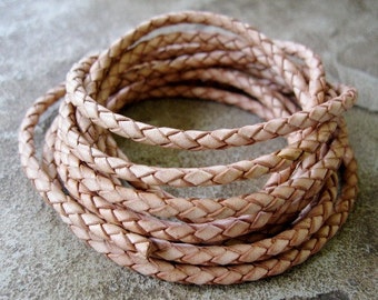 4 MM Braided Bolo Light Natural Color Round Leather undyed Cord  for Jewelry and Crafts 3 Yards