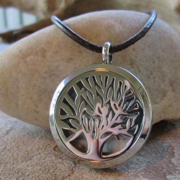 Aromatherapy Tree of Life Locket or Choose Leather Necklace  Stainless Steel Prayer Box Essential Oil Diffuser Pendant Choose pad color