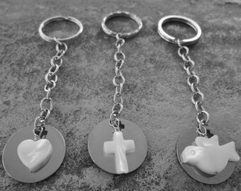 The Lords Prayer Key Chain, Pearl Cross, Dove or Heart Charm, Surgical Stainless Steel, Christian Keychain, Religious Gift, Swivel Clip