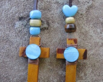 Bible Book Mark Wood Cross Blue Circle Heart Bead Book Mark on Deerskin Leather Lace Religious Devotional bookmark Christian Book Mark Gift