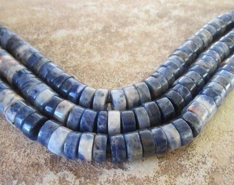 Large Hole 10mm Sodalite Heishi Gemstone Beads 2.5 mm Hole fits Leather Cord Shades of Navy with White  Blue Natural Stone 7.5"- 8"