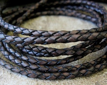 3MM Braided Bolo Round Leather Lace Cord Color is Vintage Brown For Jewelry and Crafts Two Yards