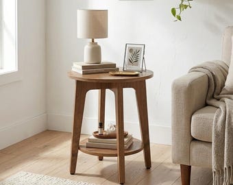 Round Wood Side Table, 2-Tier End Table, Tapered Legs, Walnut Finish Nightstand
