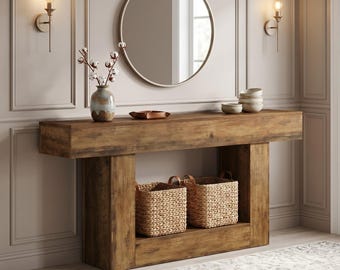 63 Inch Farmhouse Console Table, Narrow Wood Entryway Table with U-Shaped Base, 2 Tier Sofa Table for Living Room