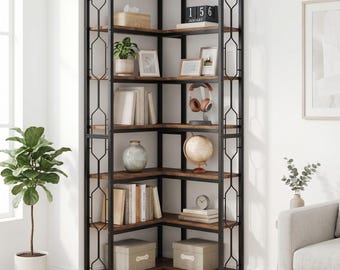 7 Tier Corner Bookshelf, Industrial Wood and Metal Corner Shelf, Freestanding Display Rack for Living Room Office
