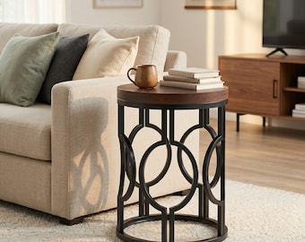 Round Industrial End Table, Wood Look Side Table with Black Metal Frame, Small Bedside Nightstand for Living Room Bedroom