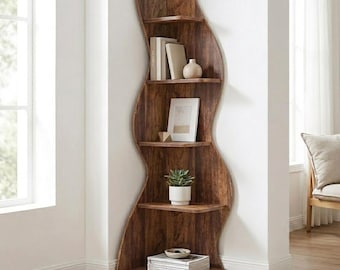 Modern 5-Tier Corner Shelf, Wave Design Bookcase, Tall Corner Storage Rack, Plant Stand for Living Room Bedroom Office
