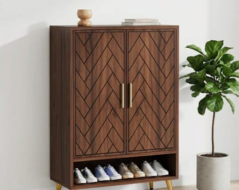 Walnut 6-Tier Shoe Cabinet, Retro Entryway Organizer, Adjustable Shelves, Gold Legs