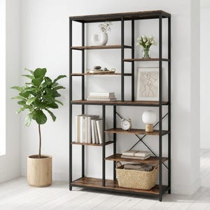May include: A tall, open-frame bookshelf with a black metal frame and wooden shelves. The shelves display books, decorative items, and a woven basket. A potted plant stands to the left.