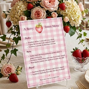 May include: A Berry Sweet Menu on a pink gingham background, featuring a strawberry illustration. The menu lists starters, mains, and desserts, with dishes like strawberry crostini and strawberry shortcake. A floral arrangement and fresh strawberries surround the menu.