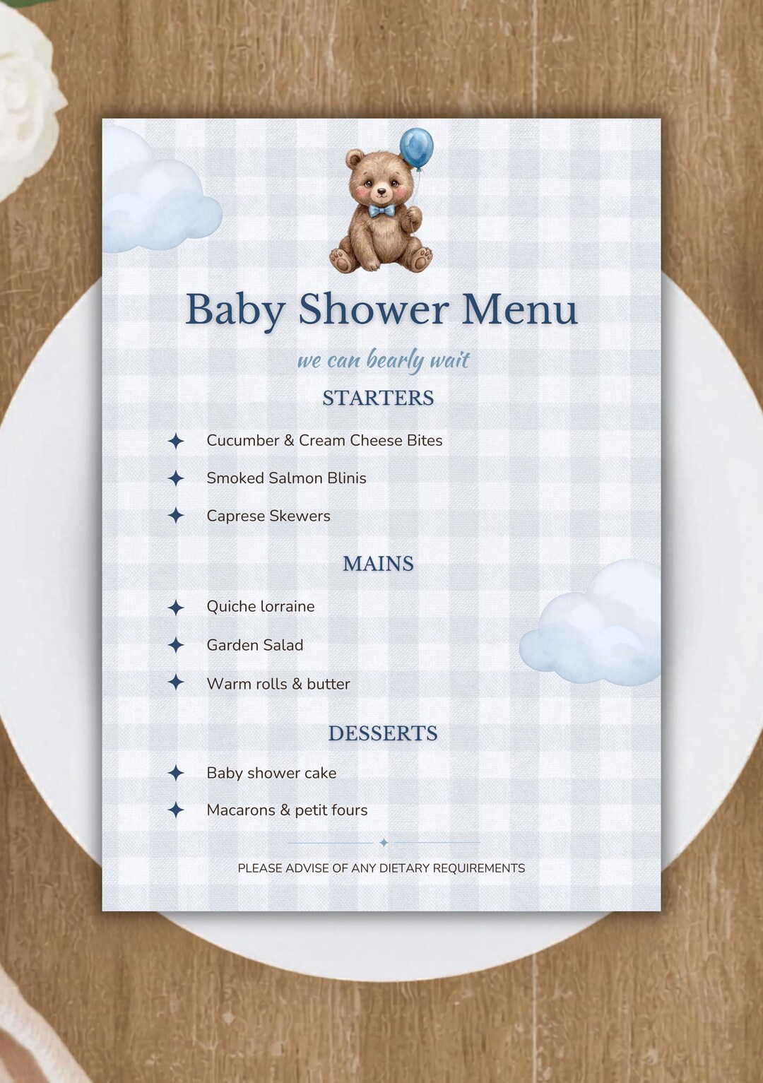 Boy Teddy Bear Baby Shower Menu Board | Editable Canva Template ...