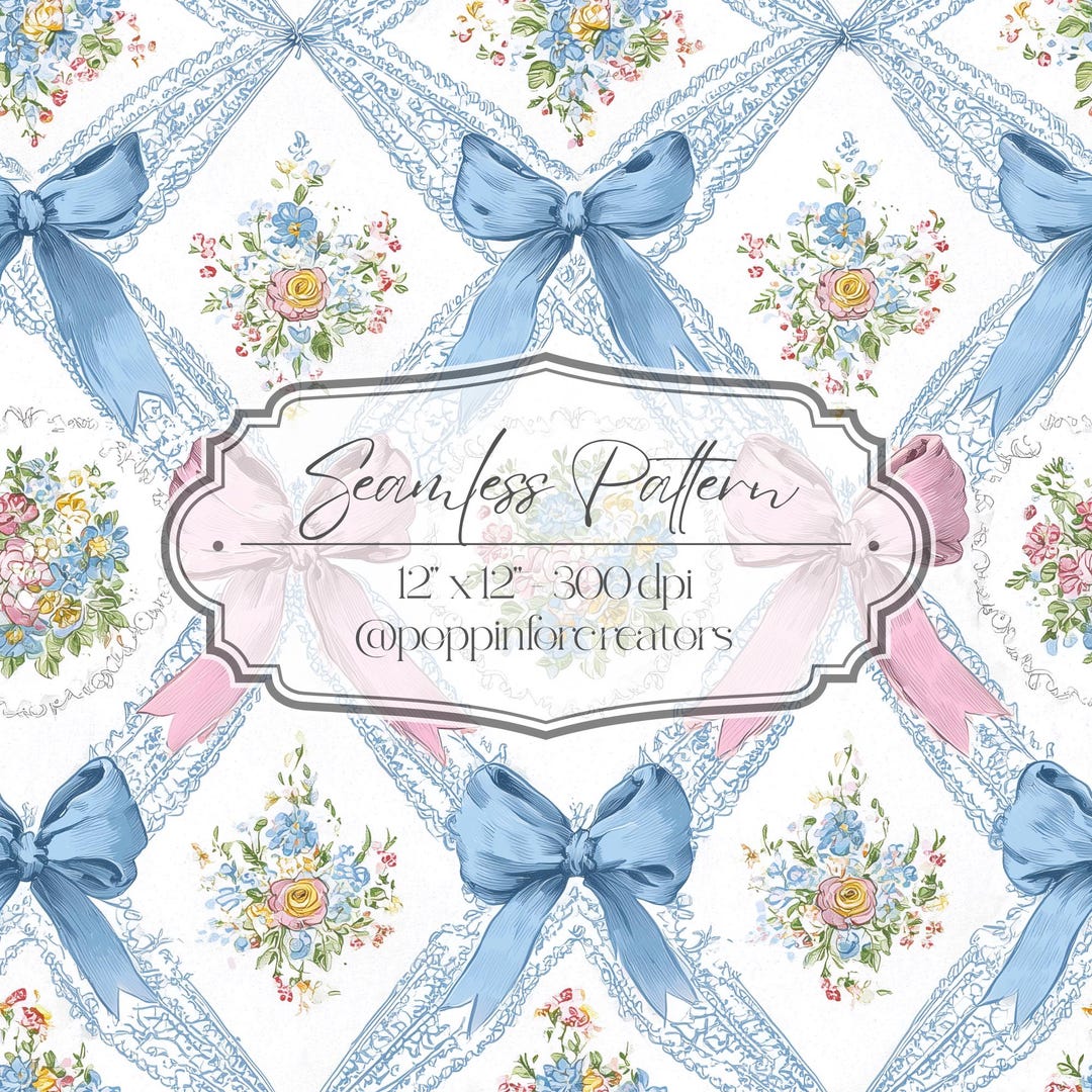 Coquette Bow Floral Seamless Pattern PNG, Vintage Ribbon Lace Repeat ...