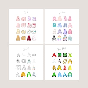 May include: A collection of alphabet letter designs in various styles. The image is divided into four sections, each showcasing different fonts. The fonts include patterned, cute, school, and fun styles, with the letter "A" prominently displayed.