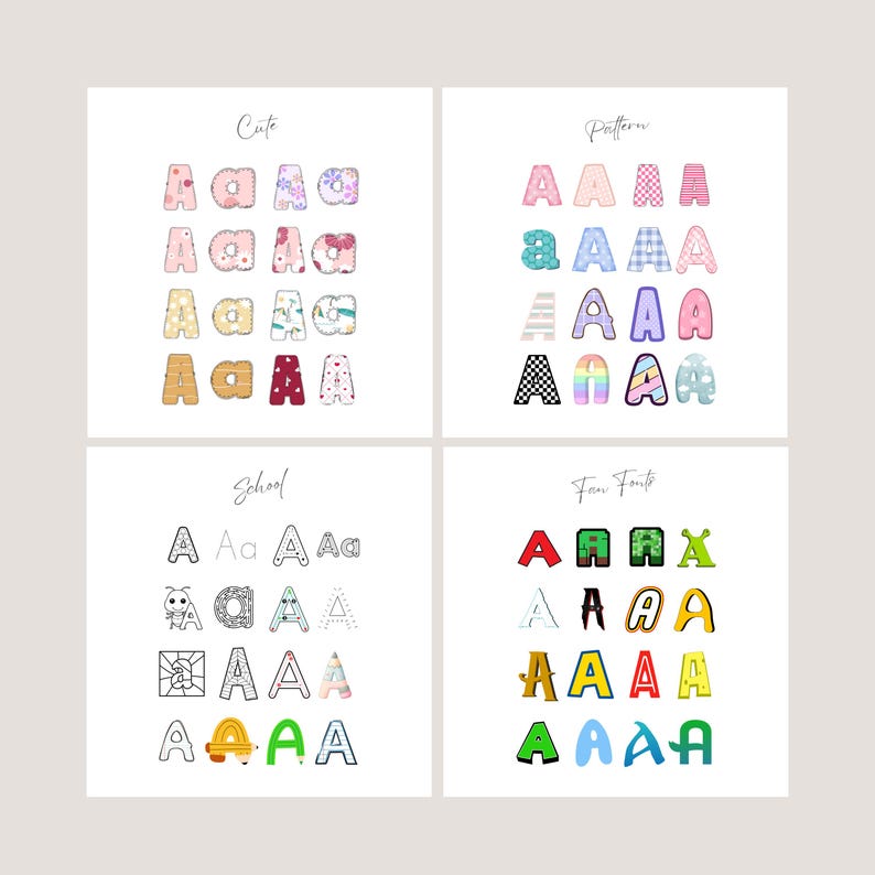 May include: A collection of alphabet letter designs in various styles. The image is divided into four sections, each showcasing different fonts. The fonts include patterned, cute, school, and fun styles, with the letter "A" prominently displayed.