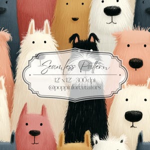 May include: Seamless pattern featuring a variety of colorful, cartoon-style dog faces. The dogs have fluffy fur in shades of white, pink, black, tan, and blue. The image includes the text "Seamless Pattern" and "12 x 12 - 300 dpi".