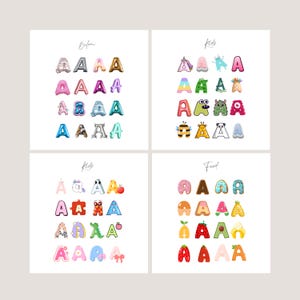 May include: Four panels showcasing the letter "A" in various designs. The top left panel features balloon-style "A"s, while the top right panel displays "A"s with kid-themed designs. The bottom panels show more "A"s with kid and food themes.