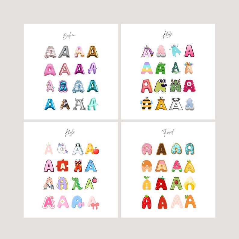 May include: Four panels showcasing the letter "A" in various designs. The top left panel features balloon-style "A"s, while the top right panel displays "A"s with kid-themed designs. The bottom panels show more "A"s with kid and food themes.