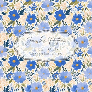 May include: A seamless pattern featuring blue and light blue flowers with yellow centers and green leaves on a cream background. A central label displays the text Seamless Pattern, 12 x 12 - 300 dpi, and @poppinforcreators in black script.