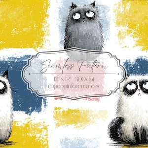 May include: Seamless pattern featuring grumpy cat illustrations in shades of gray and white, set against a backdrop of yellow, blue, and white brushstrokes. The design includes the text "Seamless Pattern" and dimensions of 12" x 12" at 300 dpi.