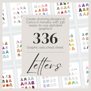 May include: A collection of alphabet graphic sets displayed on white backgrounds. The image features a central text overlay that reads "Create stunning designs in Canva in minutes with 336 ready-to-use alphabet graphics!" and "Letters".