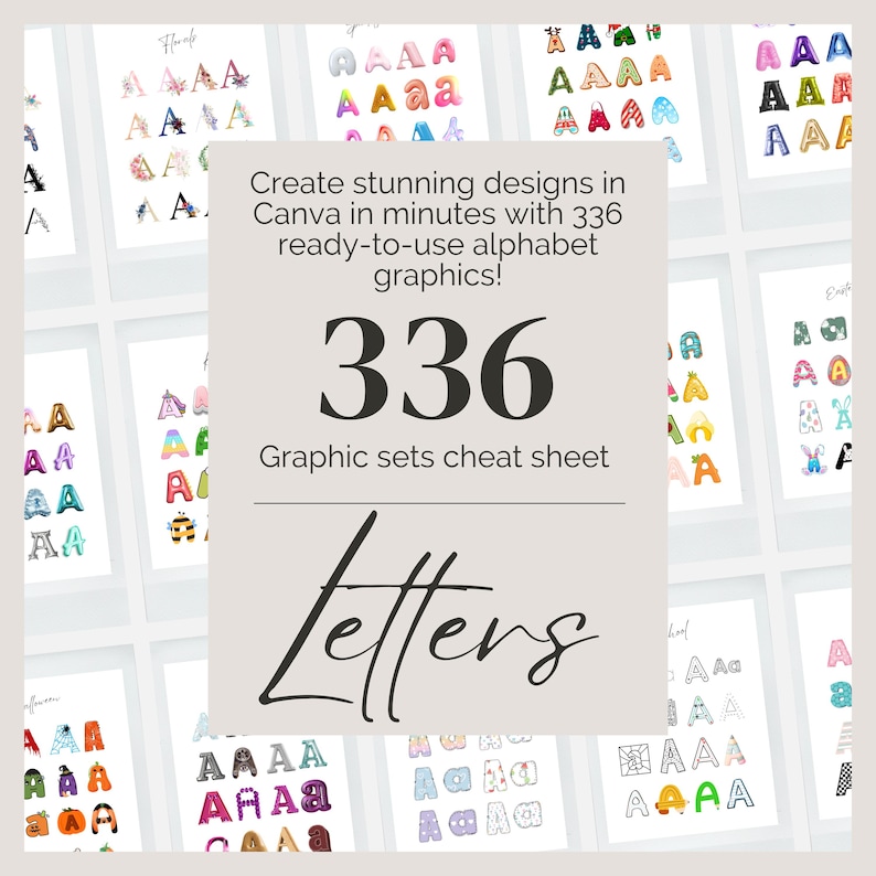 May include: A collection of alphabet graphic sets displayed on white backgrounds. The image features a central text overlay that reads "Create stunning designs in Canva in minutes with 336 ready-to-use alphabet graphics!" and "Letters".