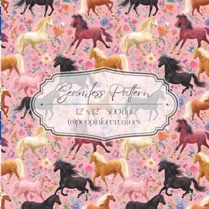 May include: Seamless pattern featuring illustrations of horses in various colors, including black, white, pink, and brown, set against a pink floral background. The design includes the text "Seamless Pattern" and dimensions of 12 x 12 inches.