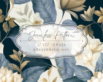 Luxus-Marineblau-Gold Florales Nahtloses Muster, Magnolie Botanische Stoffdesign, digitaler Download, elegante Wiederholung