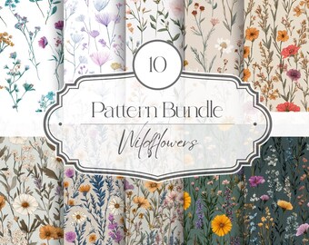 Wildflower Pattern Bundle, Floral Seamless Digital Paper, Cottagecore Botanical Prints, Vintage Flower Background Pack