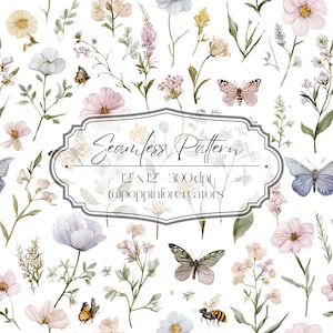 Pode incluir: Padrão contínuo em aquarela com flores delicadas, borboletas e abelhas em cores pastel suaves. O design inclui vários elementos florais e insetos, com o texto "Seamless Pattern" e detalhes de tamanho.
