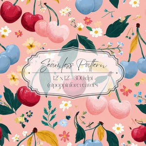 Puede incluir: Patrón sin costuras con cerezas rojas, rosas y azules, junto con flores blancas y amarillas y hojas verdes, sobre un fondo rosa suave. El patrón incluye el texto "Seamless Pattern" y "12 x 12 - 300 dpi".