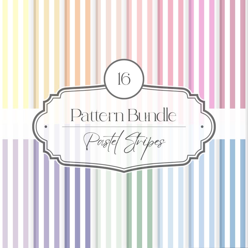 Op de afbeelding: Een digitale patroonbundel met 16 ontwerpen met verticale pastelstrepen in verschillende kleuren, waaronder geel, perzik, roze, paars, groen en blauw. De tekst op de afbeelding luidt "Pattern Bundle Pastel Stripes".