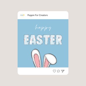May include: A light blue graphic with the words "happy EASTER" in a stitched font. The word "EASTER" is filled with bunny faces. Below the text are white bunny ears with pink insides.