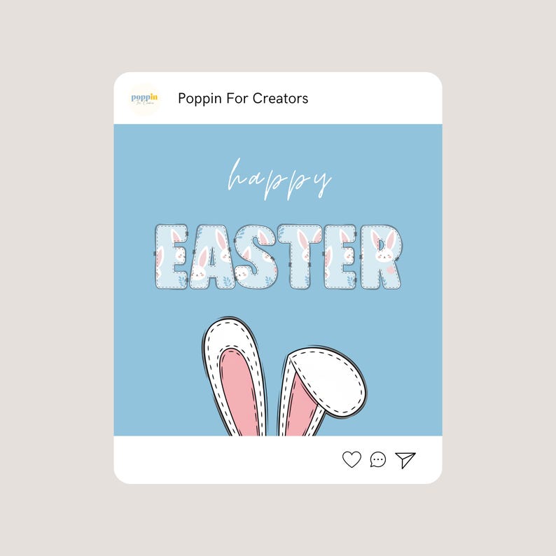 May include: A light blue graphic with the words "happy EASTER" in a stitched font. The word "EASTER" is filled with bunny faces. Below the text are white bunny ears with pink insides.
