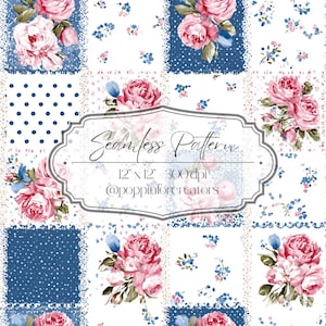 Può includere: Un design a motivo continuo con un patchwork di quadrati floreali e a pois. Il design include rose rosa, accenti blu e il testo "Seamless Pattern 12" x 12" - 300 dpi @poppinforcreators".
