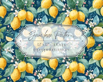 Watercolor Lemon Blossom Floral Seamless Digital Pattern, Navy Blue Citrus Botanical Textile Art Fabric Design, Amalfi Repeat Tile