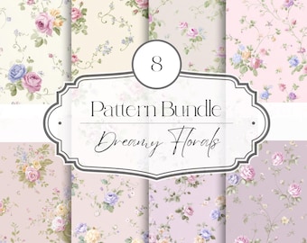 Seamless Floral Pattern Bundle, Cottagecore Vintage Roses, Shabby Chic Digital Paper PNG, Pastel Ditsy Flowers, Fabric Wallpaper Design