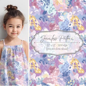 Könnte beinhalten: Ein junges Mädchen trägt ein hellblaues, lila und gelb gemustertes Sommerkleid mit dünnen Trägern. Daneben befindet sich ein nahtloses Muster mit dem Text "Seamless Pattern" und den Abmessungen "12 x 12 - 300 dpi Instant download".