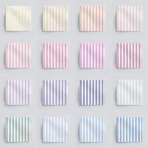 Op de afbeelding: Een verzameling van zestien stoffen stalen, elk met een verticaal streepjespatroon. Het kleurenpalet omvat tinten geel, perzik, roze, paars, groen en blauw, met witte strepen. De stalen zijn in een raster gerangschikt.