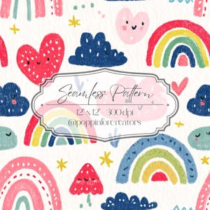 Puede incluir: Patrón sin costuras con ilustraciones dibujadas a mano de arcoíris, nubes, corazones y estrellas. El diseño incluye el texto "Seamless Pattern" y las dimensiones 30.5 cm x 30.5 cm a 300 ppp.