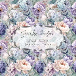 May include: A seamless floral pattern featuring peonies and hydrangeas in shades of purple, blue, and peach on a light green background. The design includes the text "Seamless Pattern", "12 x 12 - 300 dpi", and "@poppinforcreators".
