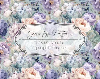 Pastel Purple Peony Seamless Pattern, Lavender Sage Watercolor Fabric Design, Digital Download, Dreamy Repeat Tile, Surface Pattern Design