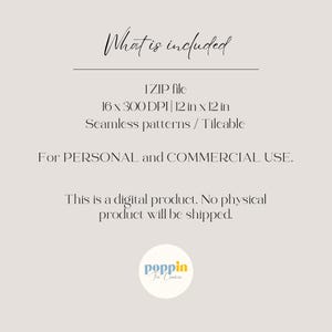 Op de afbeelding: Cr&egrave;mekleurige digitale productafbeelding met tekst: "What is included" en details over een ZIP-bestand, 30,48 cm x 30,48 cm naadloze patronen en persoonlijk/commercieel gebruik. De afbeelding geeft aan dat het een digitaal product is.