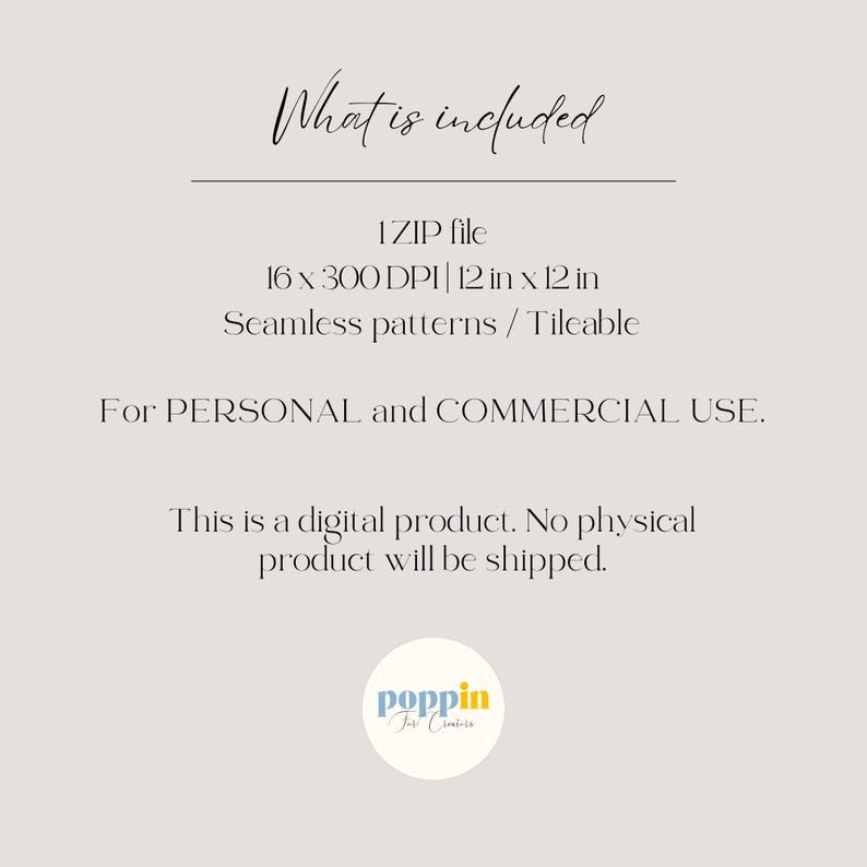 Op de afbeelding: Cr&egrave;mekleurige digitale productafbeelding met tekst: "What is included" en details over een ZIP-bestand, 30,48 cm x 30,48 cm naadloze patronen en persoonlijk/commercieel gebruik. De afbeelding geeft aan dat het een digitaal product is.