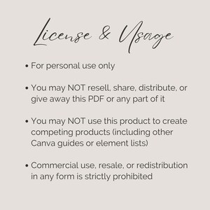 May include: A beige background with the words "License & Usage" in elegant script. Bullet points detail usage restrictions: personal use only, no resale or distribution, no competing products, and no commercial use.
