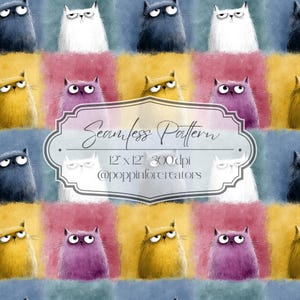 May include: Seamless pattern featuring cartoon cats in various colors, including white, black, yellow, and purple. The cats have grumpy expressions and are set against a colorful, textured background. The image includes the text "Seamless Pattern" and "12" x 12" 300dpi @poppinforcreators".